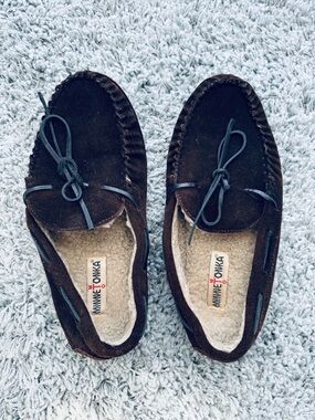 Mens Minnetonka Brown Suede Moc Toe Slip-On Moccasins Loafers 10